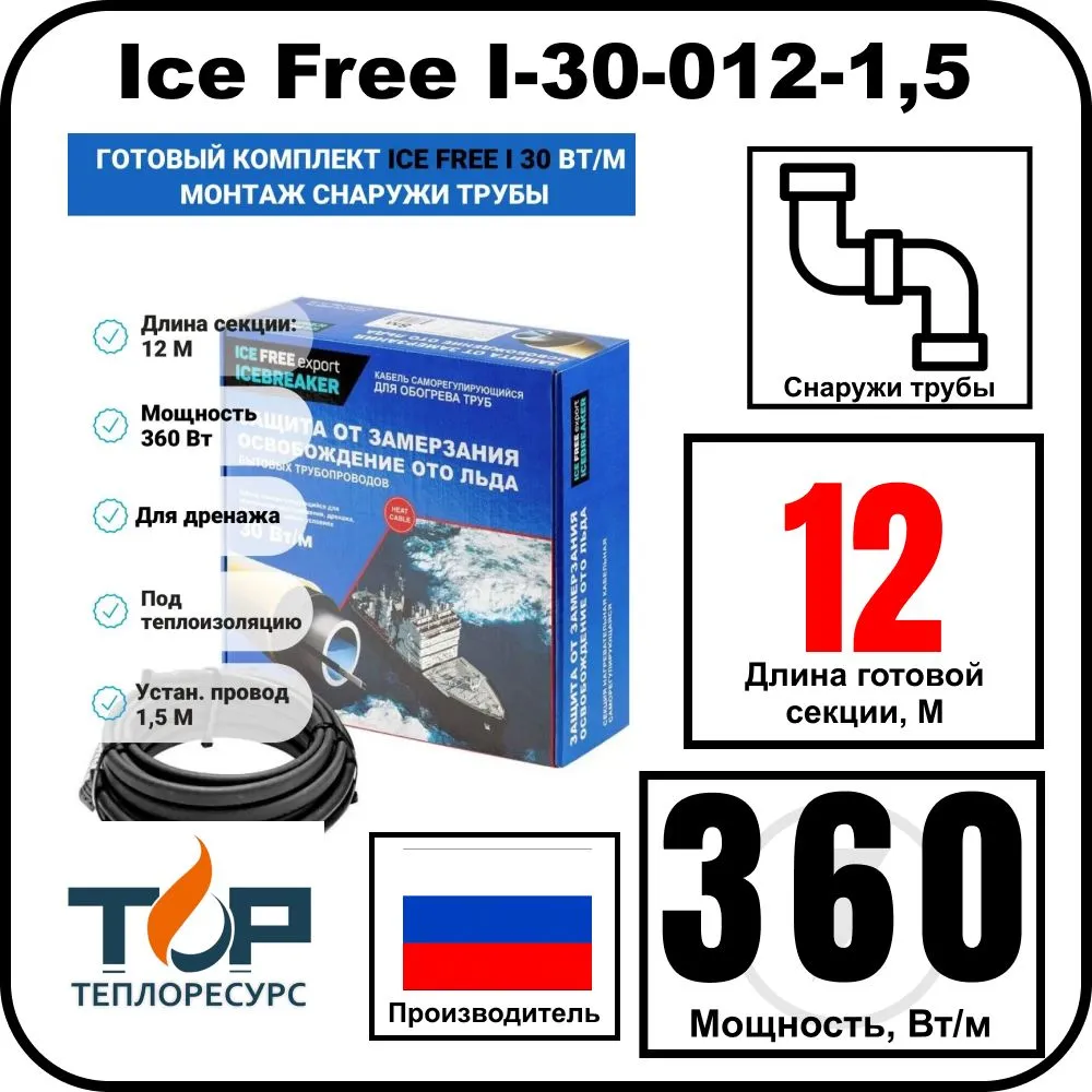 Комплект Ice Free I-30-012-1,5 греющего кабеля для водопровода на трубу