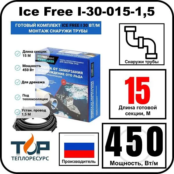 Комплект Ice Free I-30-015-1,5 греющего кабеля для водопровода на трубу Mos-Obogrev.ru