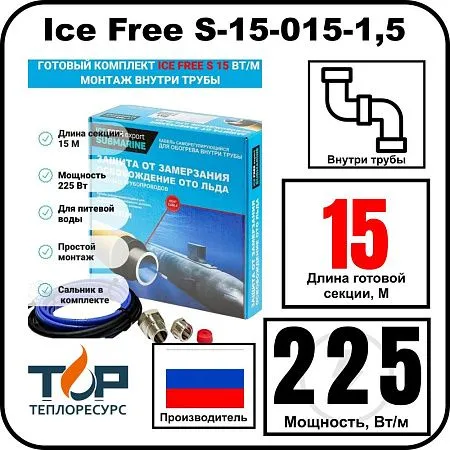 Комплект Ice Free S-15-015-1,5 греющего кабеля для водопровода внутри трубы Mos-Obogrev.ru