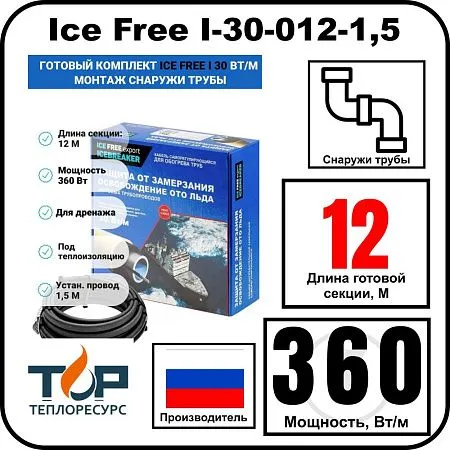 Комплект Ice Free I-30-012-1,5 греющего кабеля для водопровода на трубу Mos-Obogrev.ru